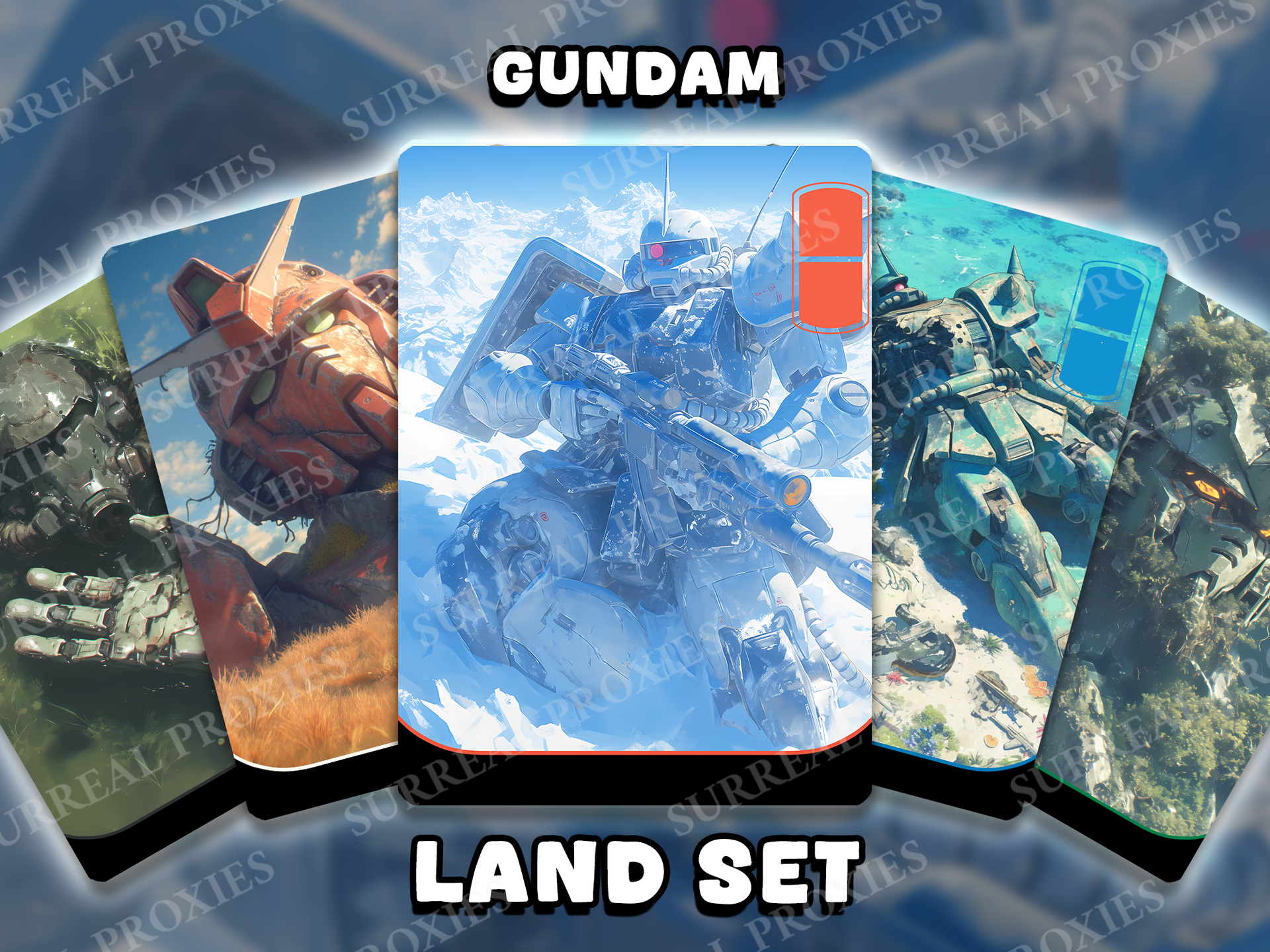 A promotional display for the Surreal Proxies "Gundam Land Set" featuring five primary card designs of battle-worn mobile suits in snowy, tropical, and overgrown terrains.
