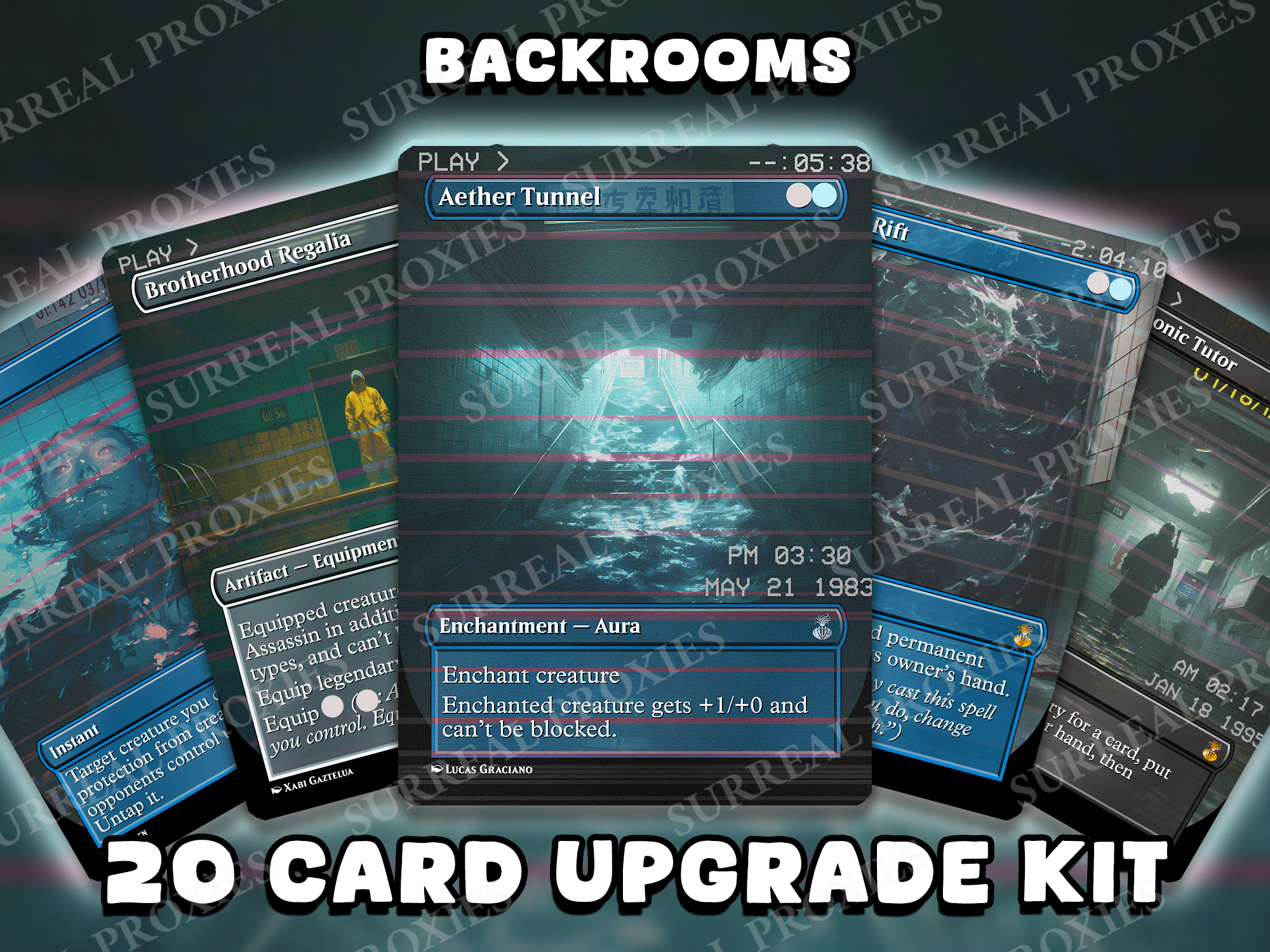 A fan of five Backrooms-themed cards including Aether Tunnel and Mystical Tutor, featuring VHS distortion effects and liminal space imagery.