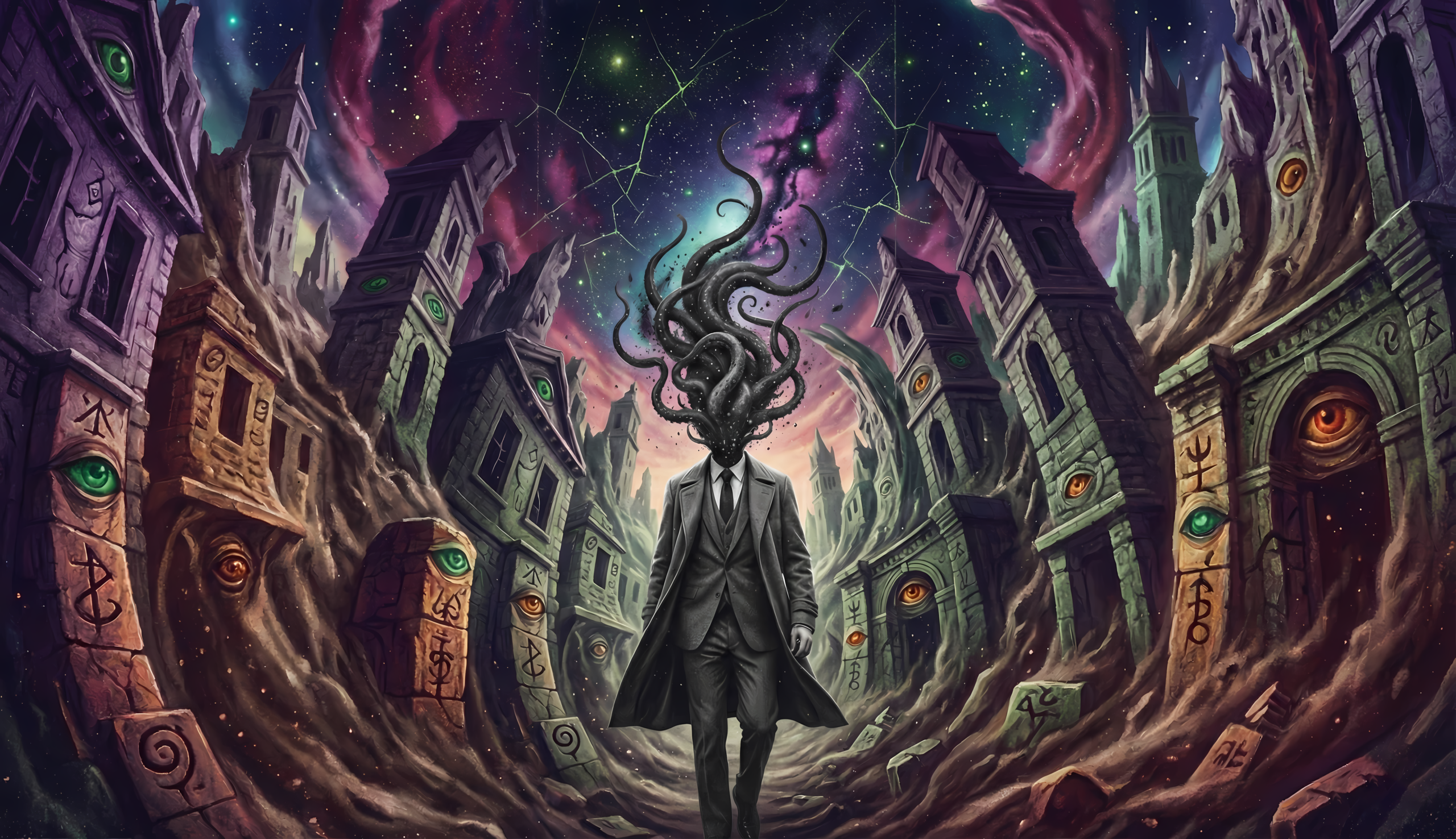 A surreal digital illustration of a man in a dark suit with a mass of black tentacles for a head, walking through a distorted city street lined with crumbling buildings featuring glowing eyes, under a swirling purple and green cosmic nebula sky.