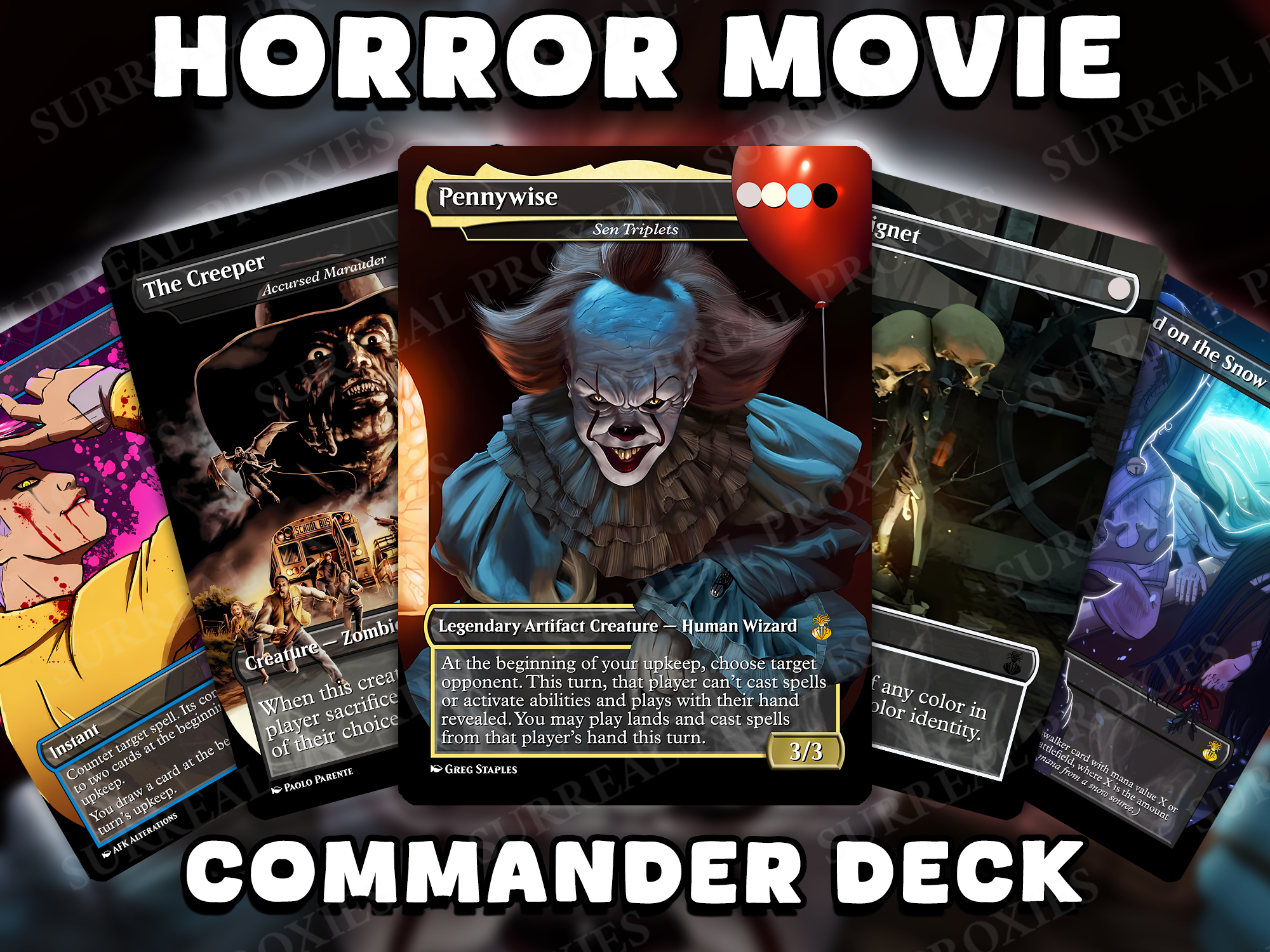 Horror movie themed Commander proxy deck featuring Pennywise inspired Magic the Gathering cards, cinematic horror artwork, and custom EDH fan-made design