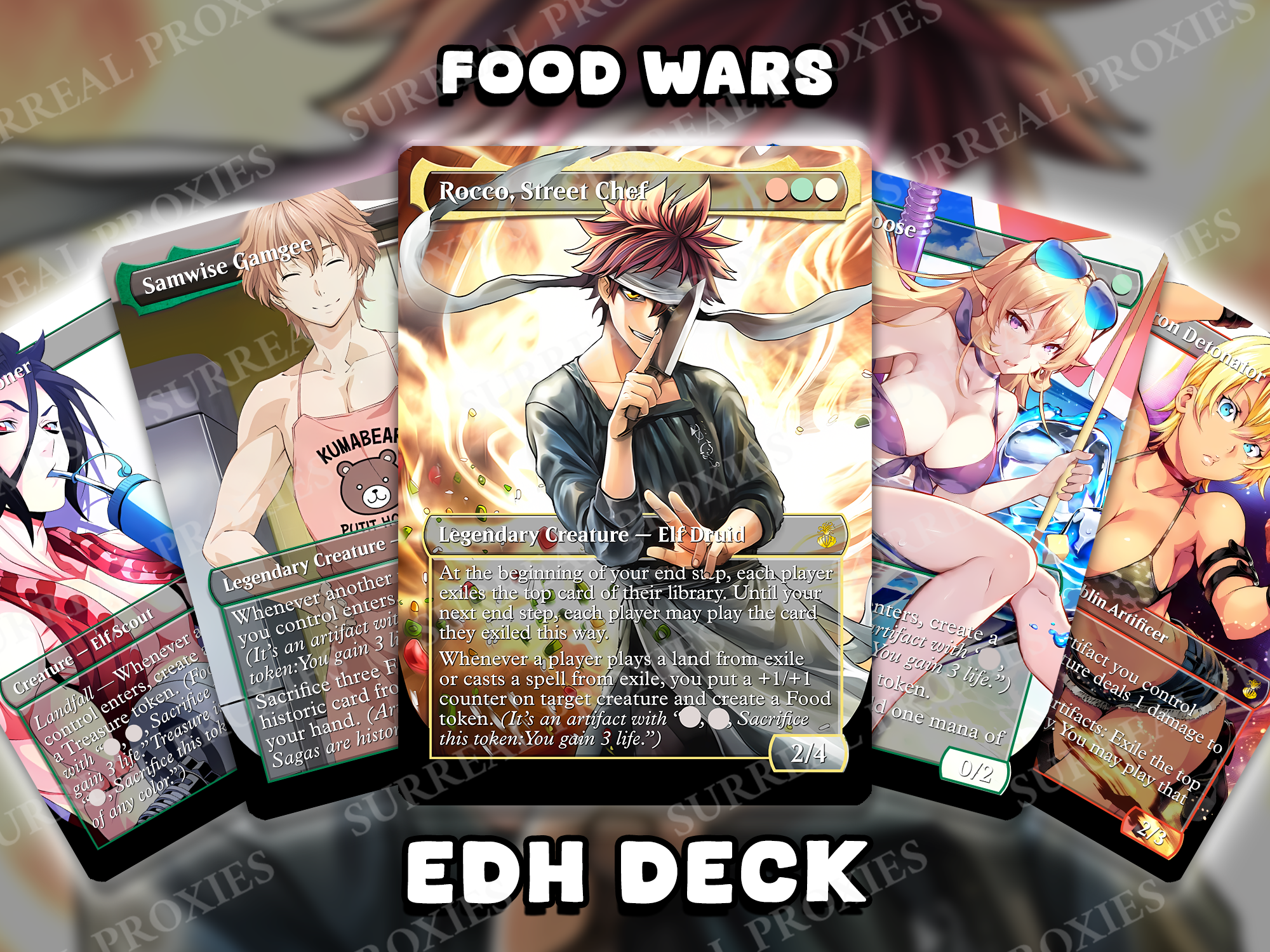 A custom MTG proxy Commander deck mockup themed after the anime Food Wars, featuring the commander Rocco, Street Chef, alongside other anime-style cards like Samwise Gamgee, and a set of custom Food tokens. The text overlay reads "FOOD WARS" and "EDH DECK".