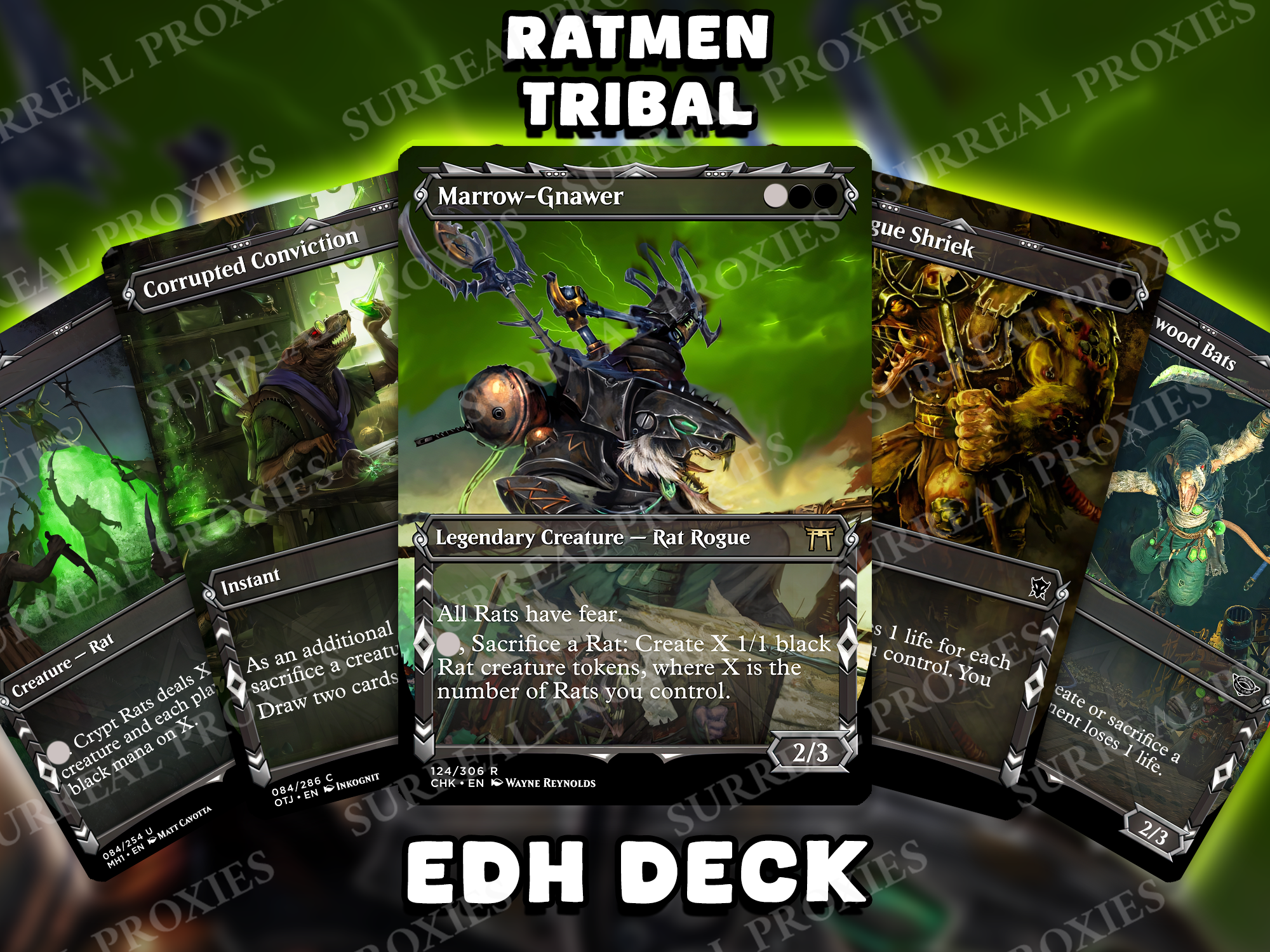 A custom Magic: The Gathering Ratmen Tribal EDH deck featuring a Marrow-Gnawer proxy card and other Rat Rogue cards with specialized fantasy artwork by Surreal Proxies.