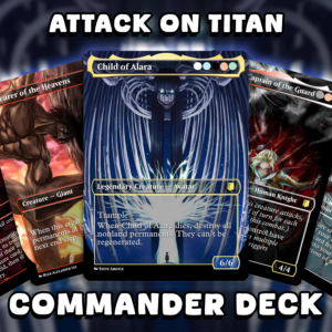 A custom Attack on Titan themed Magic: The Gathering Commander deck featuring Eren Yeager's Founding Titan as Child of Alara, with Bearer of the Heavens and Captain of the Guard cards by Surreal Proxies.