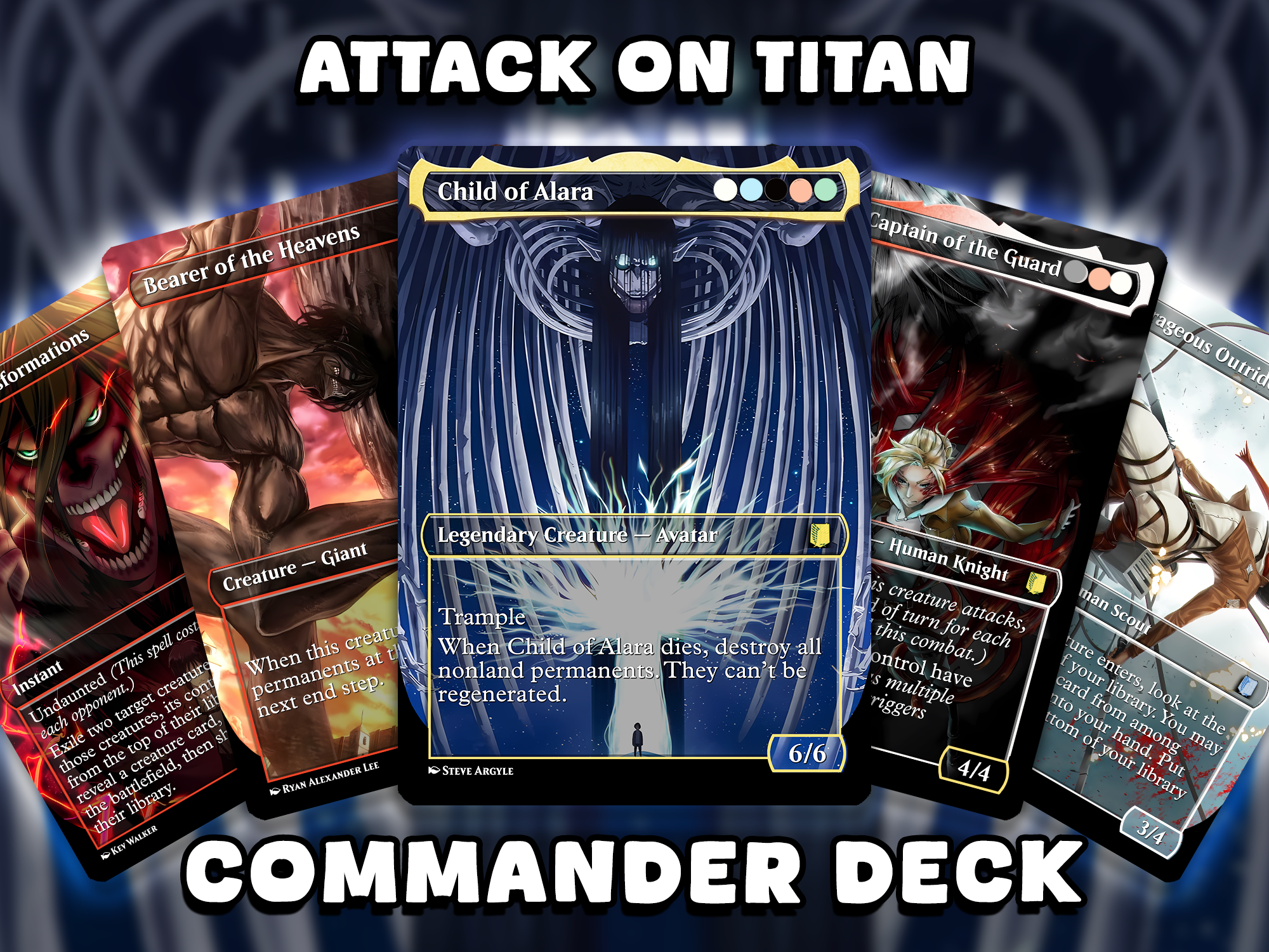 A custom Attack on Titan themed Magic: The Gathering Commander deck featuring Eren Yeager's Founding Titan as Child of Alara, with Bearer of the Heavens and Captain of the Guard cards by Surreal Proxies.