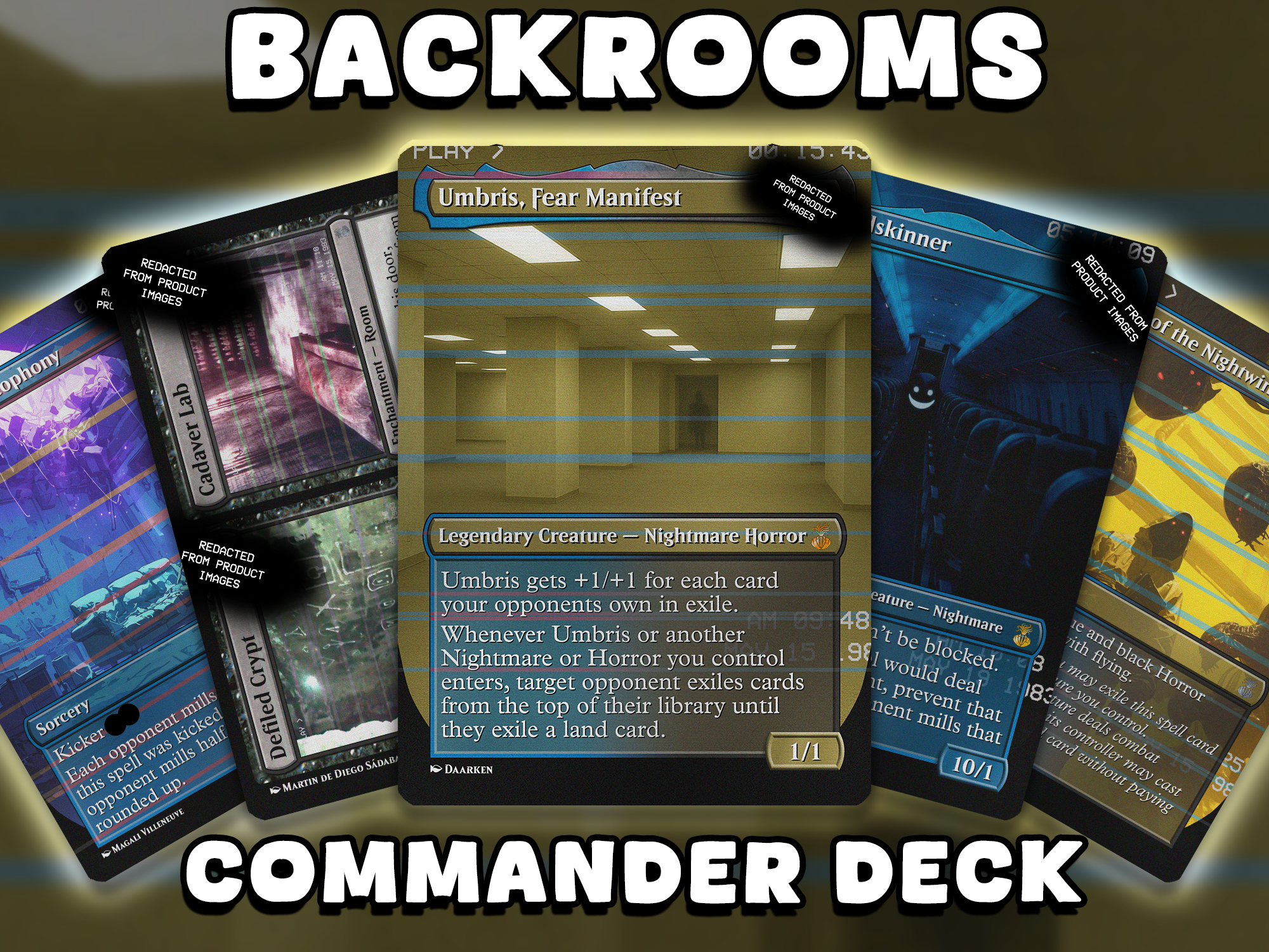A custom Backrooms-themed Magic: The Gathering Commander deck featuring Umbris, Fear Manifest and other nightmare horror cards with liminal space artwork by Surreal Proxies.