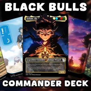 A custom Black Clover-themed Magic: The Gathering Commander deck featuring Asta as Jodah, the Unifier and themed basic lands by Surreal Proxies.