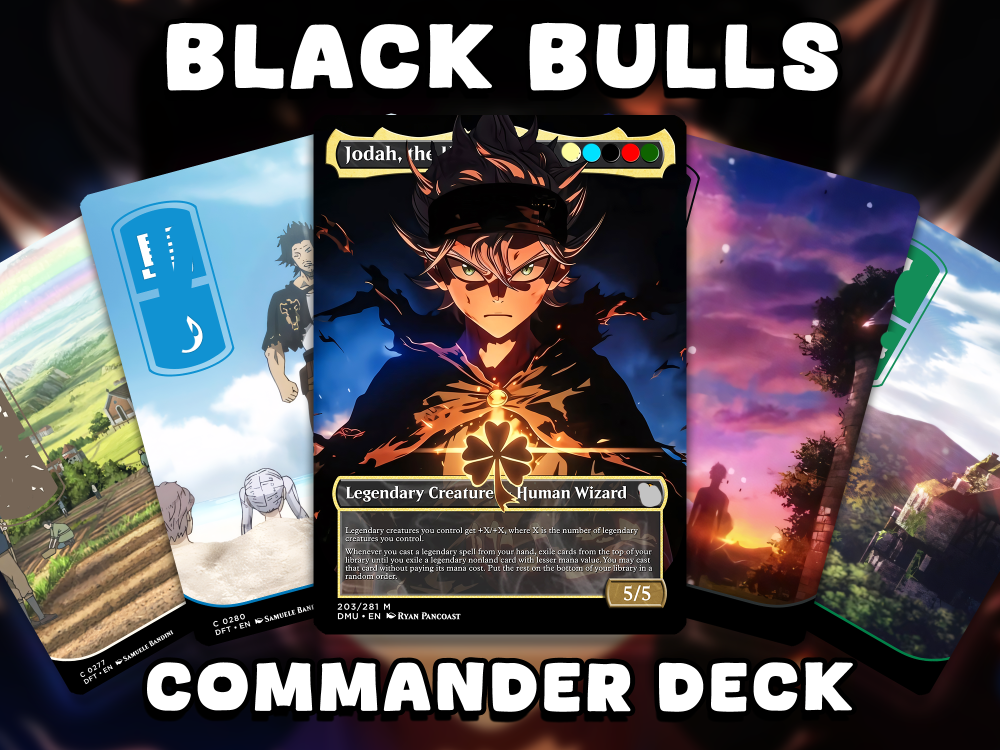 A custom Black Clover-themed Magic: The Gathering Commander deck featuring Asta as Jodah, the Unifier and themed basic lands by Surreal Proxies.