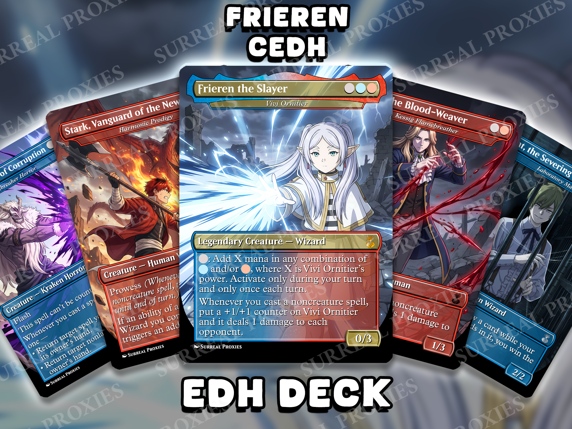 Frieren cEDH proxy deck featuring Frieren the Slayer commander with anime-style Magic the Gathering cards arranged in a fan display, showcasing high-power EDH spell-focused gameplay