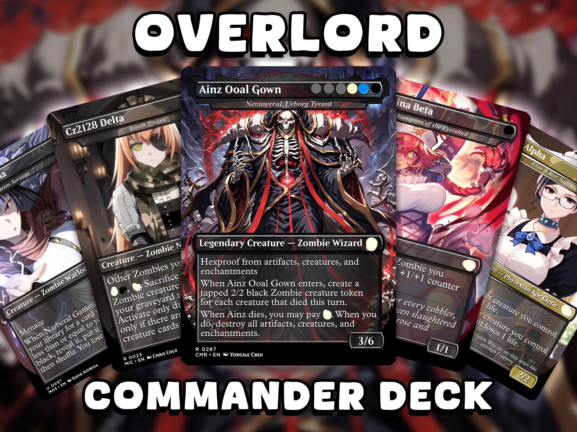 Overlord themed Commander proxy deck featuring Ainz Ooal Gown inspired Magic the Gathering cards with dark anime fantasy artwork and custom EDH design