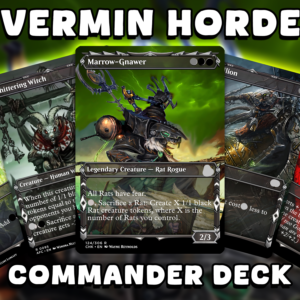 A custom Vermin Horde themed Magic: The Gathering Commander deck featuring Marrow-Gnawer, Chittering Witch, and other rat-themed proxy cards by Surreal Proxies.
